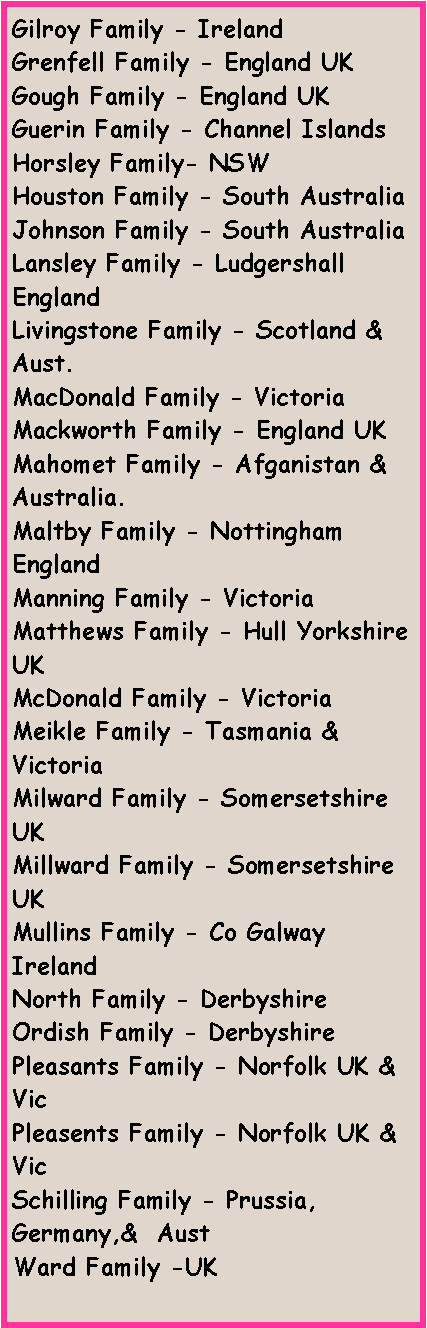 Text Box: Gilroy Family - IrelandGrenfell Family - England UKGough Family - England UKGuerin Family - Channel IslandsHorsley Family- NSW Houston Family - South AustraliaJohnson Family - South AustraliaLansley Family - Ludgershall EnglandLivingstone Family - Scotland & Aust.MacDonald Family - VictoriaMackworth Family - England UKMahomet Family - Afganistan & Australia.Maltby Family - Nottingham EnglandManning Family - VictoriaMatthews Family - Hull Yorkshire UK McDonald Family - VictoriaMeikle Family - Tasmania & VictoriaMilward Family - Somersetshire UKMillward Family - Somersetshire UKMullins Family - Co Galway IrelandNorth Family - DerbyshireOrdish Family - DerbyshirePleasants Family - Norfolk UK & VicPleasents Family - Norfolk UK & VicSchilling Family - Prussia, Germany,&  AustWard Family -UK