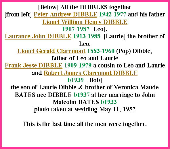 Text Box: [Below] All the DIBBLES together [from left] Peter Andrew DIBBLE 1942-1977 and his father Lionel William Henry DIBBLE 1907-1987 [Leo]. Laurance John DIBBLE 1913-1988  [Laurie] the brother of Leo,Lionel Gerald Claremont 1883-1960 (Pop) Dibble, father of Leo and LaurieFrank Jesse DIBBLE 1909-1979 a cousin to Leo and Laurieand Robert James Claremont DIBBLE b1939  [Bob] the son of Laurie Dibble & brother of Veronica Maude BATES nee DIBBLE b1937 at her marriage to John Malcolm BATES b1933photo taken at wedding May 11, 1957This is the last time all the men were together.