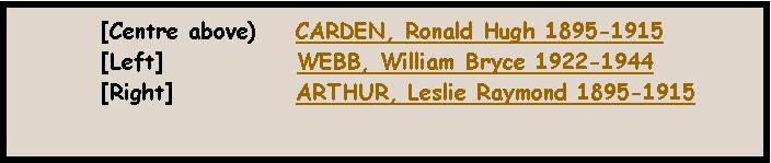 Text Box: [Centre above)    CARDEN, Ronald Hugh 1895-1915[Left]              WEBB, William Bryce 1922-1944[Right]             ARTHUR, Leslie Raymond 1895-1915