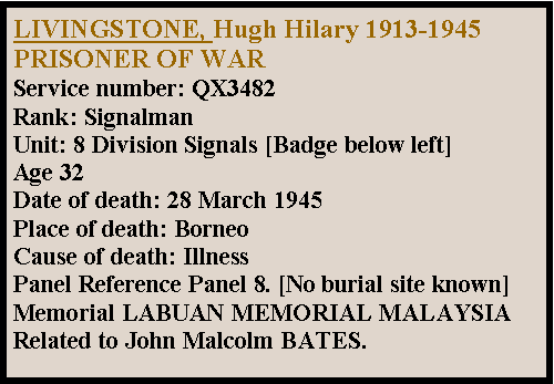 Text Box: LIVINGSTONE, Hugh Hilary 1913-1945 PRISONER OF WARService number: QX3482		Rank: SignalmanUnit: 8 Division Signals [Badge below left]Age 32Date of death: 28 March 1945Place of death: BorneoCause of death: IllnessPanel Reference Panel 8. [No burial site known]Memorial LABUAN MEMORIAL MALAYSIARelated to John Malcolm BATES.