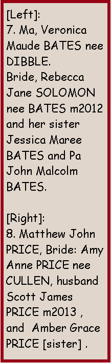 Text Box: [Left]:7. Ma, Veronica Maude BATES nee DIBBLE.Bride, Rebecca Jane SOLOMON nee BATES m2012 and her sister Jessica Maree BATES and Pa John Malcolm BATES.[Right]: 8. Matthew John PRICE, Bride: Amy Anne PRICE nee CULLEN, husband Scott James PRICE m2013 , and  Amber Grace PRICE [sister] .