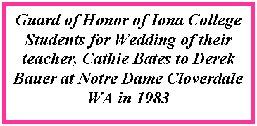 Text Box: Guard of Honor of Iona College Students for Wedding of their teacher, Cathie Bates to Derek Bauer at Notre Dame Cloverdale WA in 1983