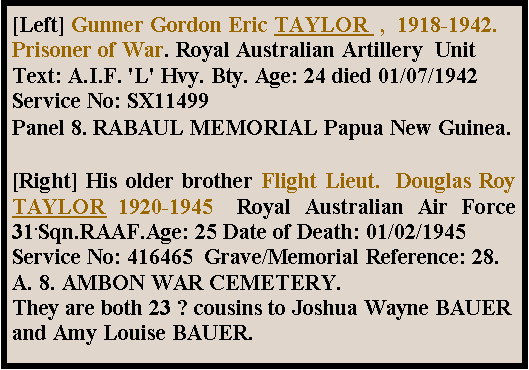 Text Box: [Left] Gunner Gordon Eric TAYLOR  ,  1918-1942. Prisoner of War. Royal Australian Artillery  Unit Text: A.I.F. 'L' Hvy. Bty. Age: 24 died 01/07/1942  Service No: SX11499 Panel 8. RABAUL MEMORIAL Papua New Guinea.[Right] His older brother Flight Lieut.  Douglas Roy TAYLOR 1920-1945  Royal Australian Air Force  31.Sqn.RAAF.Age: 25 Date of Death: 01/02/1945 Service No: 416465  Grave/Memorial Reference: 28. A. 8. AMBON WAR CEMETERY.They are both 23 ? cousins to Joshua Wayne BAUER and Amy Louise BAUER. 