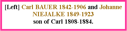 Text Box: [Left] Carl BAUER 1842-1906 and Johanne NIEJALKE 1849-1923 son of Carl 1808-1884.